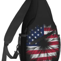 Crossbody Backpack for Men Women Sling Bag Usa Flag Flower Chest Bag Shoulder Bag Lightweight One Strap Backpack Travel