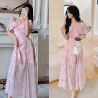 YIMITA dress pantai korean style fairy princess floral wanita party night long dress pink soft beach