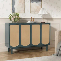 Sideboard Buffet Cabinet with 4 Rattan Doors, Accent Storage Cabinet with Shelves, Free Standing TV Console Table