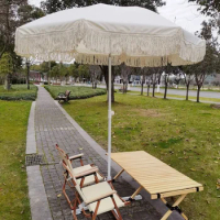 Beach Umbrella South Korea Hot Sale Vintage Outdoor Wooden Camping Leisure Sunshade Sun Protection Wooden Pole Tassel