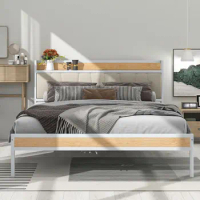 Metal platform bed frame with upholstered headboard, socket, USB port and slat support, single bed, double bed, soft backrest