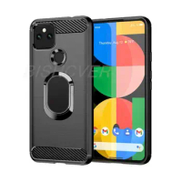For Google Pixel 5 Brushed Carbon Fiber Soft Silicone Phone Case For Google Pixel 5 Magnetic Ring Stand Cover