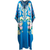Luxury Designer Inspired Women Summer Silk Kaftan Bohemian Oversize Loose Long Maxi Blue Dress