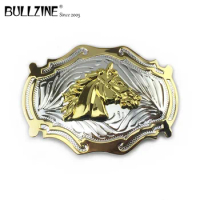 The Bullzine western horse head belt buckle with silver and gold finish FP-03535 for 4cm width snap on belt