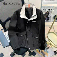 Spring Stand-up Collar Stitching Contrasting Workwear Jacket Men's Handsome New Retro Loose Casual Flight Jackets Male Clothes