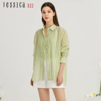 【Jessica Red】清新亮麗條紋輕薄寬鬆襯衫824136（草綠）