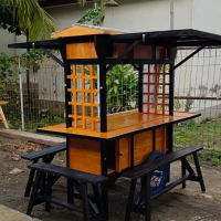 GEROBAK ANGKRINGAN ALA ALA JEPANG LIST HITAM DENGAN SEPASANG RODA DAN KURSI 1 SET ISI 3 KURSI Kayu