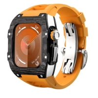 Carbon Fiber Case For i Watch Modification Kit Mod Kit for apple watch series SE 9/8/7/6/5/4 44/45mm Accessaries Orange strap