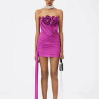 Summer New Women Sexy Strapless Mesh Ruched Pink Mini Bodycon Bandage Dress Elegant Bodycon Evening Club Party Dress Vestidos