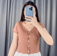 ATASAN CROP TOP V-NECK RIB LENGAN PENDEK \\ KARDIGAN CROP KANCING DEPAN WANITA BAHAN RIB MODEL TERBA