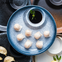 餃子盤家用陶瓷餐具帶醋碟日式圓形創意涼菜盤子復古分格菜盤魚盤