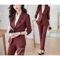 Tesco Office Lady Suit For Women Spring Autumn Wear Full Sleeve Purplish Red Blazer Jacket+Trousers Formal Slim Fit Female Suit