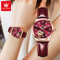 OLEVS 6636 Fashion Mechanical Watch Gift Round-dial Genuine Leather Watchband Luminous