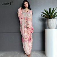 WINYI Hot stamping printing summer silk feeling Dress Elegant Muslim Abaya Lady beach cover up Casual dress Beachwear kaftan