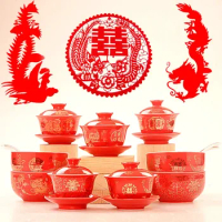 Chinese Dragon and Phoenix Tea Set, Red Gaiwan, Ceramic Teaware, Tureen, Porcelain Tea Lid, Bowl, Dinnerware, Wedding