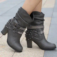 European and American women's low barrel rivet Martin boots personalized street fashion trend round head Martin boots