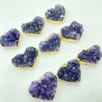 Natural Gem Stone Quartz Purple Crystal Amethyst Rough Slab Geode Heart Pendant For DIY Jewelry Making Necklaces Charm Gift 4pcs