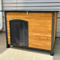 Insulated Outdoor Dog House with Liner for Winter Wooden Dog Kennel with All-Around Iron Frame Waterproof Dog Crate