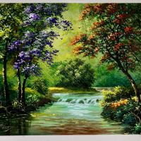 ภาพวาดสีอะครีลิคบนผ้าใบ ป่าไม้และลำธาร ขนาด 32x45cm.