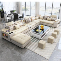 MINGDIBAO Nordic Fabric Sofa Set with Bluetooth Speaker &amp; USB - Modern Living Room Modular Sofas Big U Shape Corner Cloth Couch