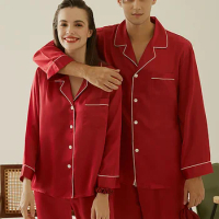 100%Silk Pajama Sets For Women Men Spring Autumn Luxury Red Sleepwear Wedding Valentine's Day Gift Full Sleeve Couple Loungewear