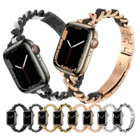 Stainless Steel Link Bracelet for Apple Watch Band 41mm 40mm 38mm 45mm 44mm 42mm Leather Slim Strap for iWatch 7 6 5 4 3 2 1 SE