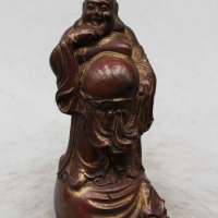7" Chinese Buddhism Wood Stand Happy Laugh Maitreya Buddha Money Bag Statue 17CM