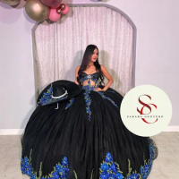 Mexican Princess Ball Gown Quinceanera Dress Sweet 16 Dress Flower Appliques Crystals Beads Vestidos De 15 Años Prom Party