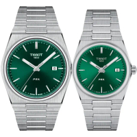 【TISSOT 天梭 官方授權】PRX 70年代復刻石英對錶 情侶手錶-綠 禮物 送禮(T1374101109100+T1372101108100)