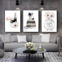 Fashion Canvas Posters Wall Art Print Fashion Books Lipstick Perfume Wall Picture Canvas Painting Modern Girl Bedroom Decor
