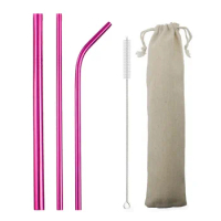 Reusable Drinking Straws Set Pink Green Metal Straw 304 Stainless Steel Bent Drinks Straw with Cleaning Brush Bar Accessory
