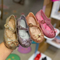 Children's Shoes 2024 Summer New Girls' Soft Sole Bow Sandals Princess Flat Ballet Shoes Non-slip Toddlers Jelly Beach Shoes
