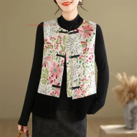 2024 woman vintage hanfu tops chinese traditional vest national jacquard patchwork vest oriental sleeveless jacket tang suit