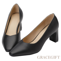 【Grace Gift】通勤女孩素面尖頭中高跟鞋 黑