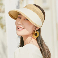 Luna&amp;Dolphin Women Summer UV CUT Empty Top Hat Cream Color Nature Seaside Vacation Sunscreen Beach Hat Girls Collapsible Cap