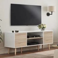 TV Stand, Wood TVs Console Media Cabinet with Storage, Entertainment Center, White and Oak, TV Stand