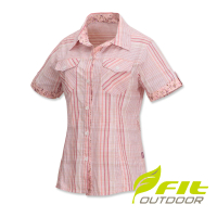 【Fit 維特】女-格紋吸排抗UV短袖襯衫-玫紅 ES2202-11(排汗/抗UV/休閒襯衫)