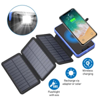 20000mAh Folding Solar Power Bank Qi Wireless Charger Powerbank for iPhone 14 Xiaomi Portable Solar Charger with Camping Light