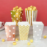 6pcs Disposable Popcorn Packaging Paper Box Gold Silver Pink Stripes Dot Snack Box Wedding Birthday Party Decor Supplies
