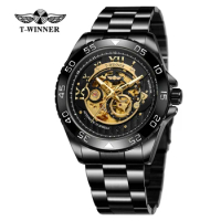 T-winner Mechanical Movement Automatic Mechanical Watch Black Round Watch Steel Strap Wrist Watch Mechanical watch