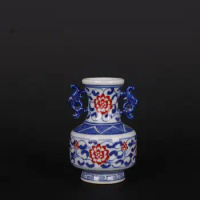Chinese Blue and White Porcelain Red Flower Design Vase 2.8 inch Binaural Mini Ornamental Bottle