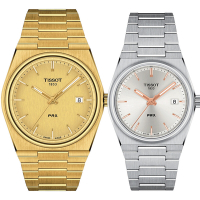 TISSOT 天梭 官方授權 PRX系列 70年代復刻石英對錶 情侶手錶 送禮推薦-金銀 T1374103302100+T1372101103100