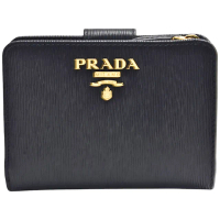 【PRADA 普拉達】經典品牌金屬LOGO直紋牛皮短夾(黑色1ML018-VITELLO MOVE-NERO)