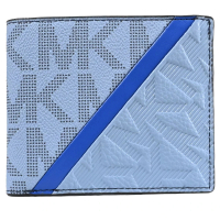 【Michael Kors】經典滿版MK印花斜線拼接8卡對折短夾(藍/寶藍)