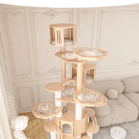 Large Cat Climbing Frame, Cat Tree, Solid Wood, Cat Castle, Rainbow Bridge, Jumping Platform, Five Layers and Above