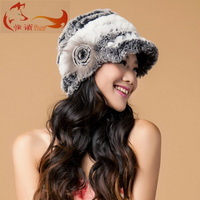 獺兔毛帽子冬季女款保暖加厚花朵拼色針織毛線帽編織皮草鴨舌帽