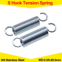 304 Stainless Steel S Hook Pullback Tension Spring Cylindroid Helical Coil Extension Springs Wire Diameter 0.3mm 0.4mm 0.5mm