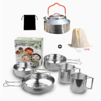 304不銹鋼燒水壺戶外茶壺【紅色+收納袋+304戶外鍋具套裝】 