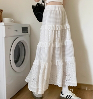 大碼高腰A字白色半身裙設計感小眾蕾絲蛋糕裙子梨形身材長裙【繁星小鎮】