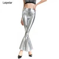 Women Flare Shiny Trousers Laser Metallic Wetlook Ruffle Wide Leg Pants Retro 70S Disco